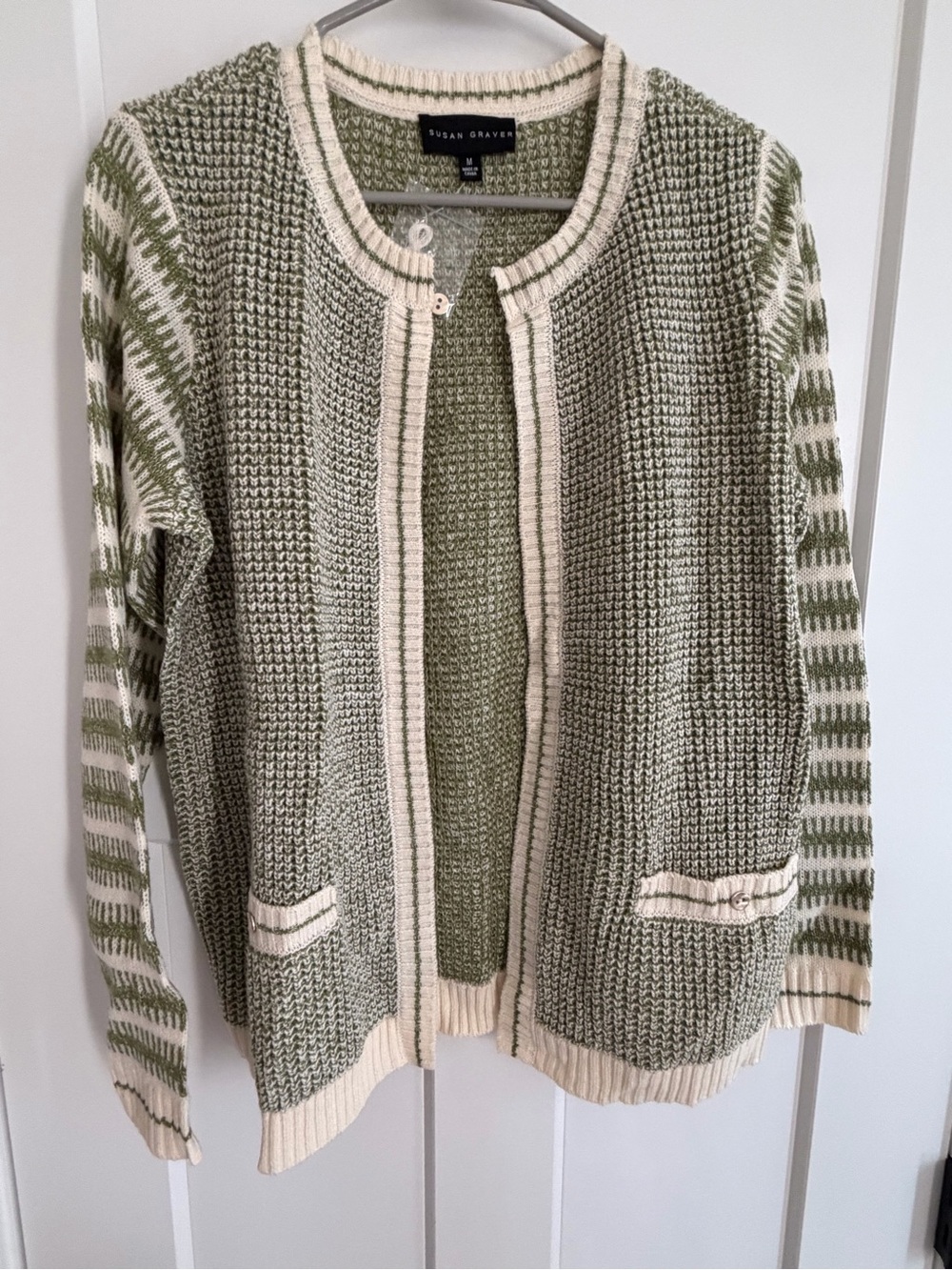 Susan Graver Olive and Cream Knit Open-Front Cardigan Jacket